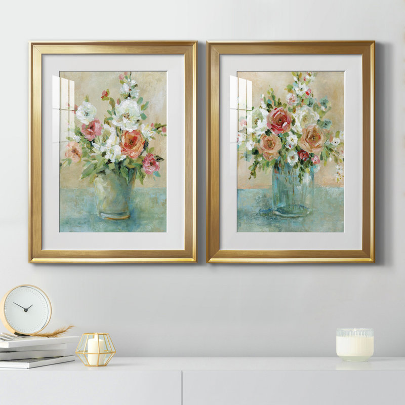 Sun Drenched Bouquet - Ensemble de 2 reproductions d'art, Papier encadré doré, Blanc, H 18,5 po x l 49 po x P 1,5 po