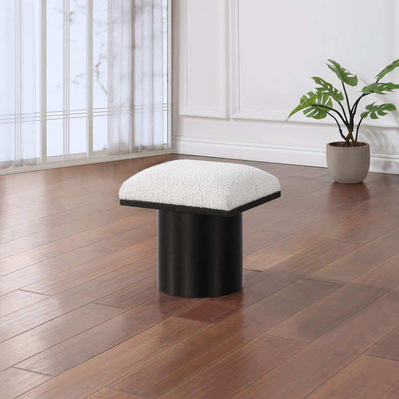 Tabouret de coiffeuse en bois massif Cniejo, Tissu crème bouclé, Noir