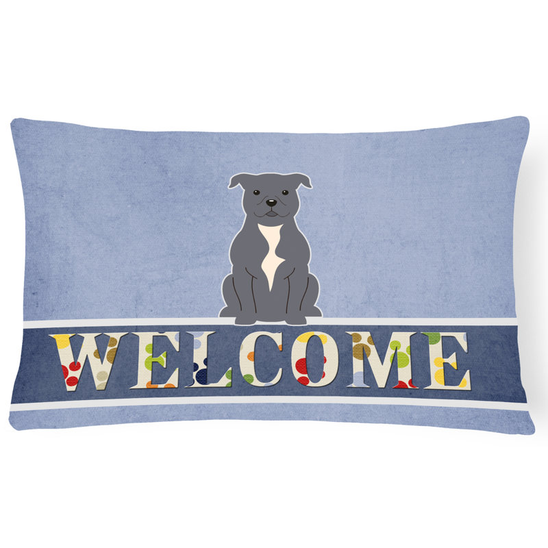 Coussin Staffordshire Bull Terrier Welcome, argent