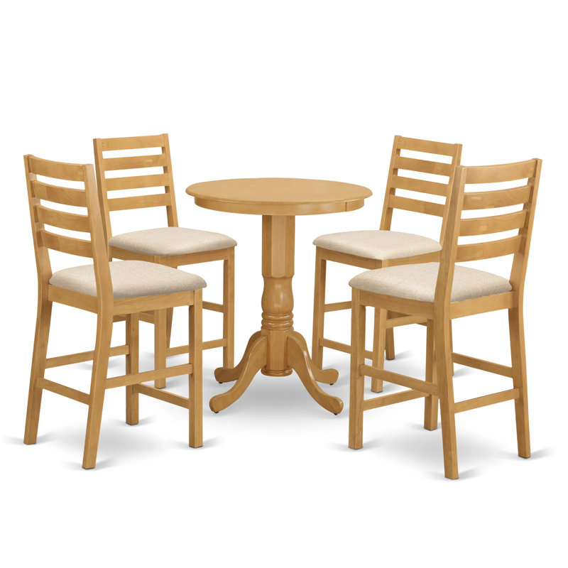 5 Piece Counter Height Dining Set Includes a Round Kitchen Table with Pedestal and 4 Linen Fabric Dining Room Chairs, Oak