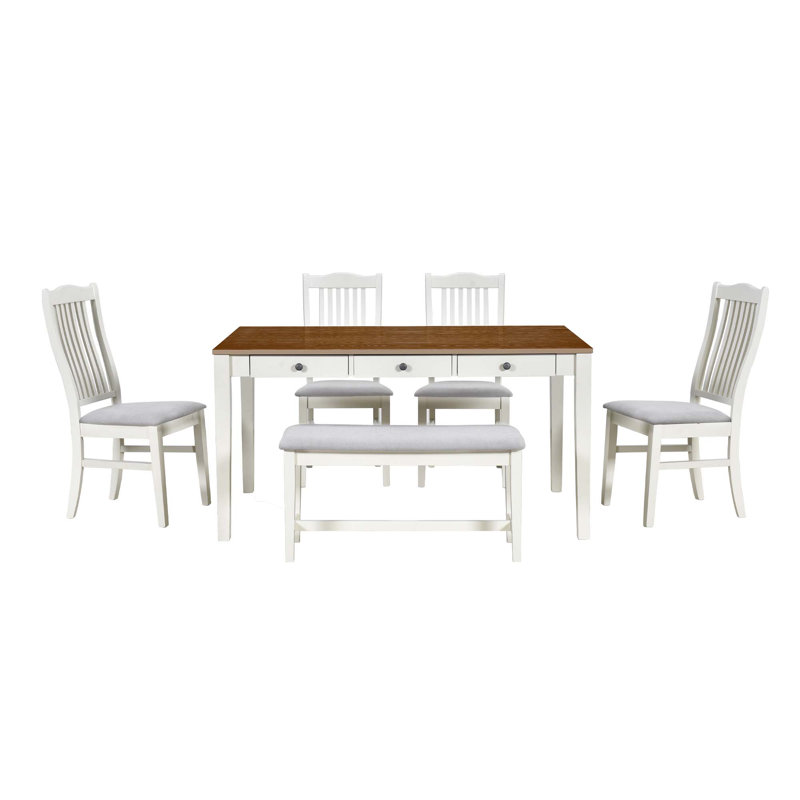 Ensemble de table de salle à manger en bois Mid-Century 6 pièces, ensemble de table de cuisine avec tiroir, chaises rembourrées et banc