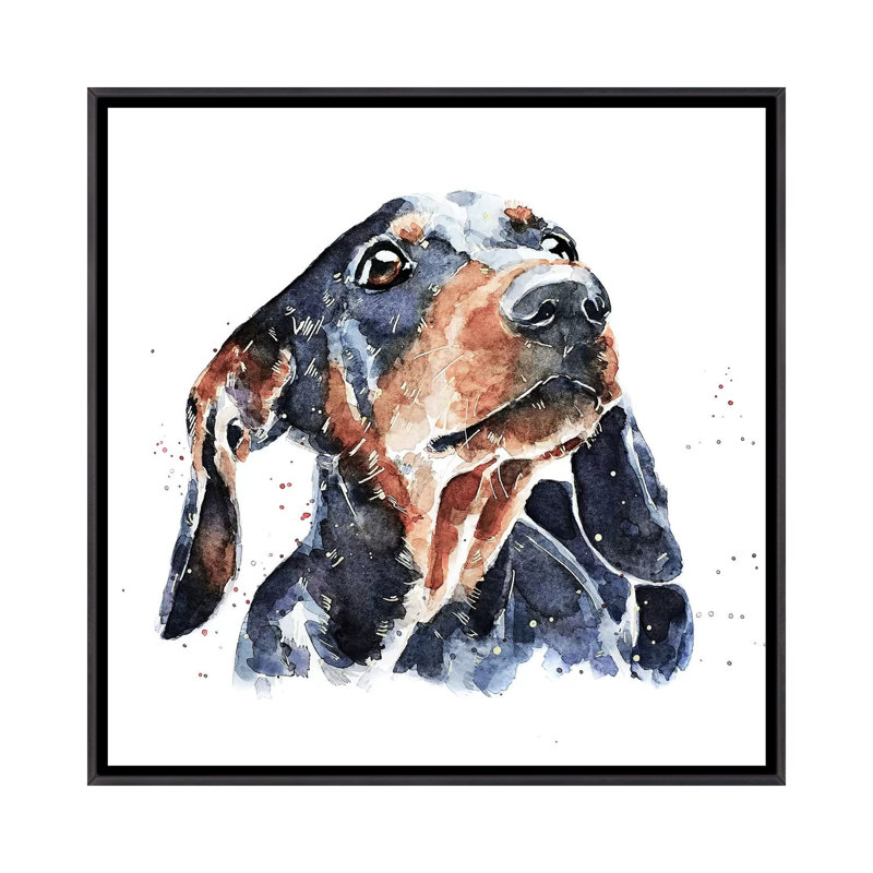 Teckel noir et brun clair par Edwatercolours-impression, Toile avec cadre noir patiné, Pas de tapis