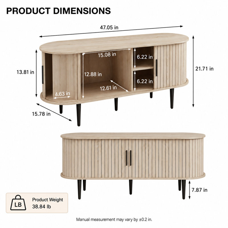 Meuble télé cannelé avec portes coulissantes doubles et rangement ouvert