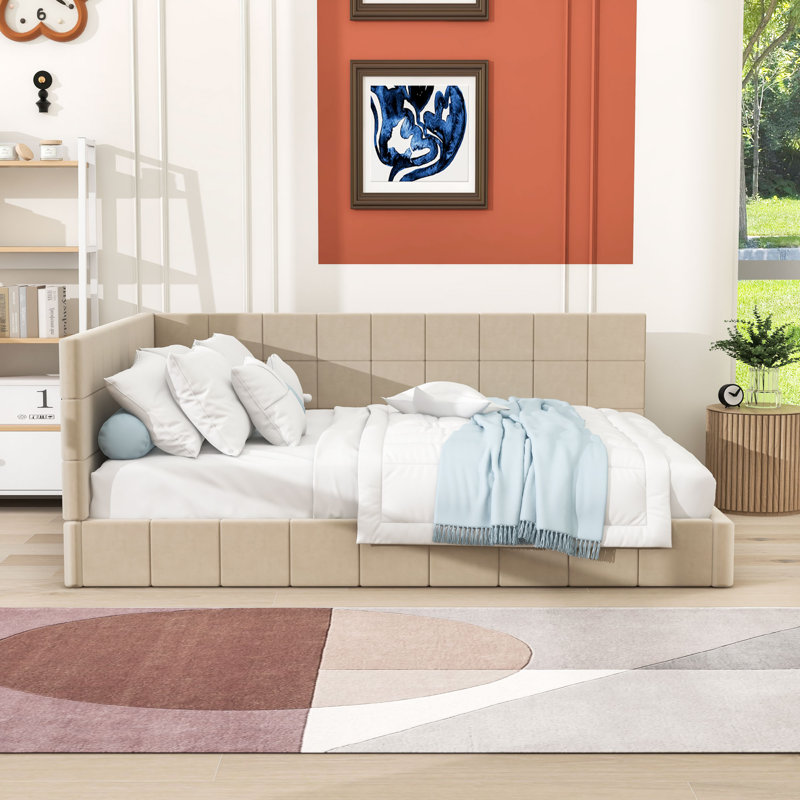 Full Size Upholstered Daybed Frame with Slats, Beige