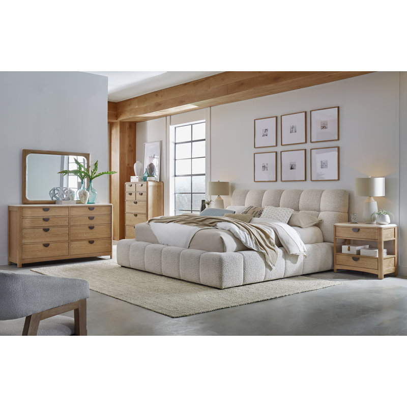Grand lit tapissier avec commode 2 tables de chevet avec miroir et commode, 6 Pcs: Bed, Chest, Dresser, Mirror, 2 Nightstands