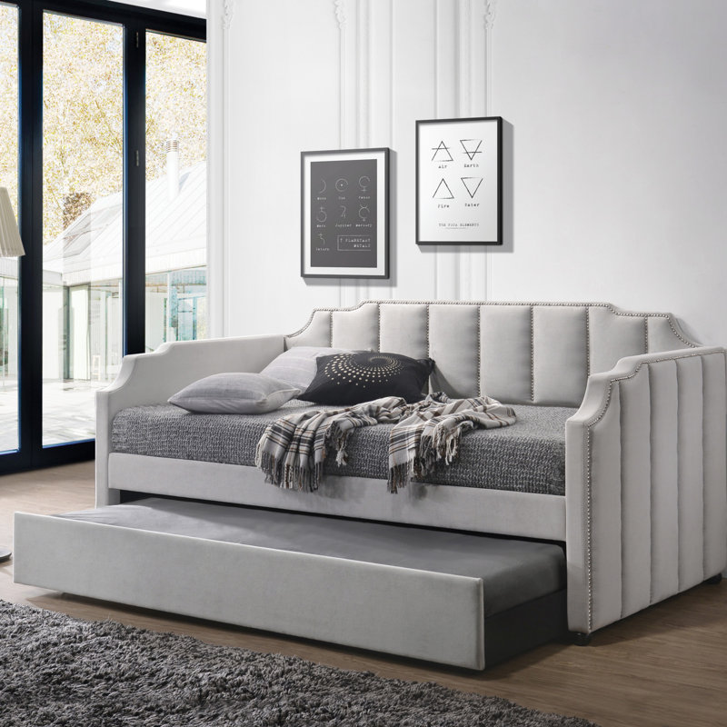 Lit de jour en velours Peridot Dove Grey avec couchette (simple)