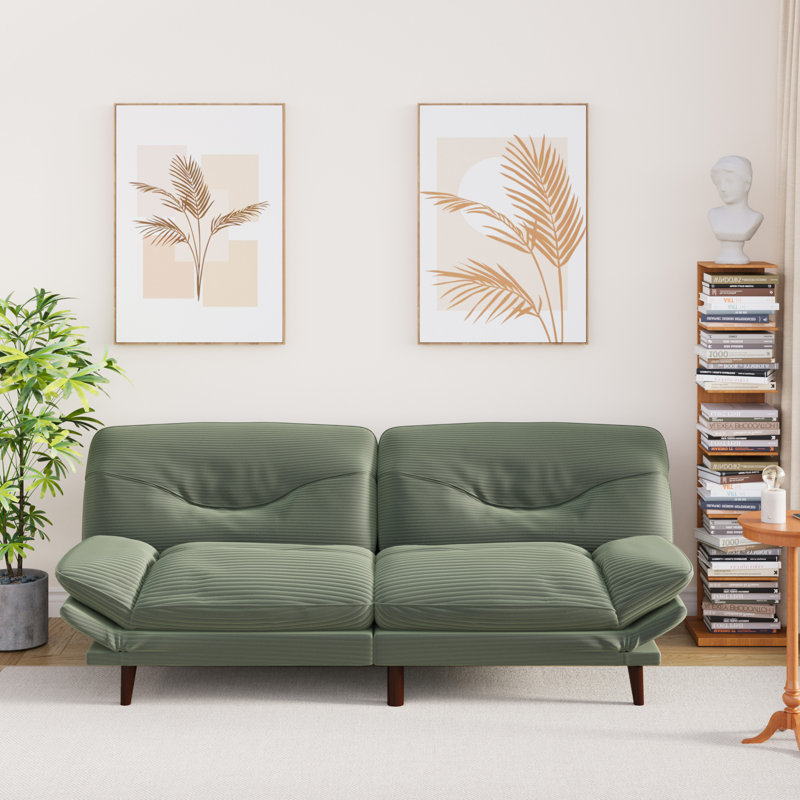 65” Futon multi-person sofa that can be converted into bed with adjustable back and ends, Green Corduroy