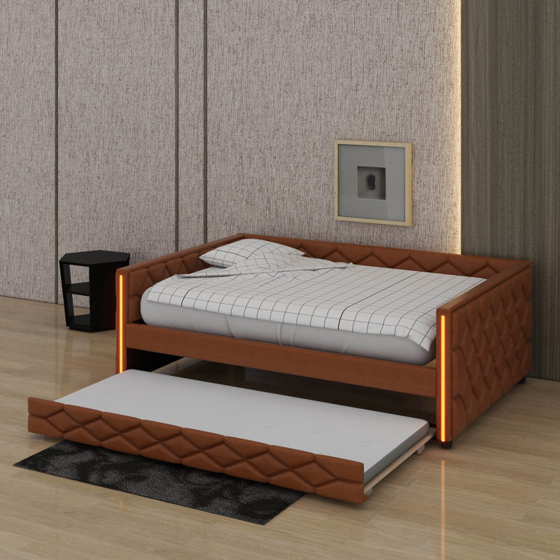 Full XL Size Upholstered Daybed With Trundle And LED, Brown