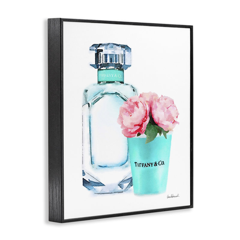 «Perfume Bottle and Peony» - Impression d'art graphique, Giclée encadrée noir minuit, H 20 po x l 16 po