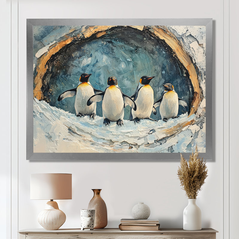 Famille de pingouins dans un paysage d'hiver - Décoration murale pingouin, H 30 po x l 40 po, Floater Framed, Argent argent