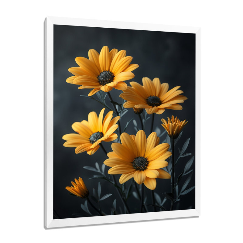 Monochromes jaunes, noirs, rustiques, beauté, marguerites I - marguerites, art mural, salon, Cadre simple blanc