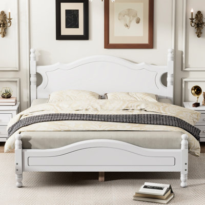 Elegant Queen Bed Frame, White With Retro Style Wooden Slat Support For Bedroom Size Bed, Platform Wood Base Long-Term Use