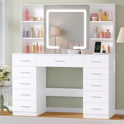 Adriel Vanity Desk With 11 Drawers & Jewelry Box, Sliding Mirror, Power Outlet And Glass Top