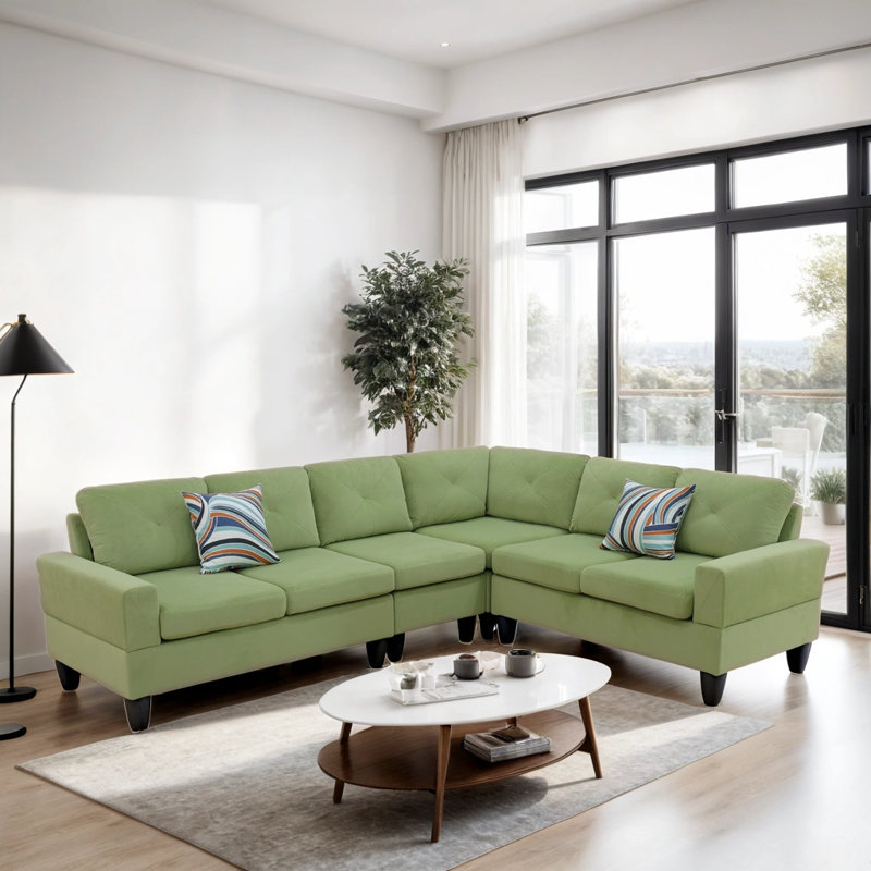 Caelean Upholstered L-Shaped Sectional Reversible, Green Linen Blend, Black