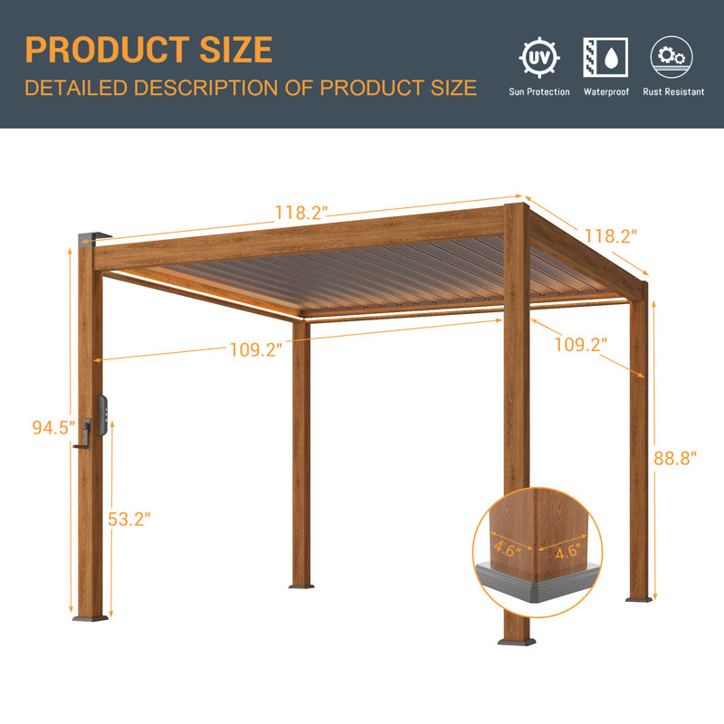 Patio Louvered Aluminum Pergola with Solar LED, Wood Texture, 10 Ft. x 10 Ft.	