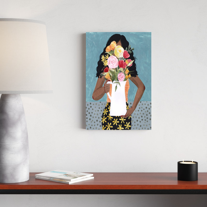 «Flower Vase Girl I», peinture sur toile, H 18 po x l 12 po