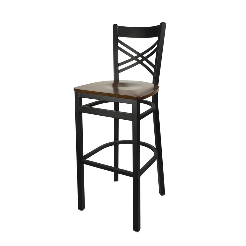 Graham Cross Back Barstool - Walnut Wood Seat - Steel Frame - Sand Black Finish, Walnut Wood
