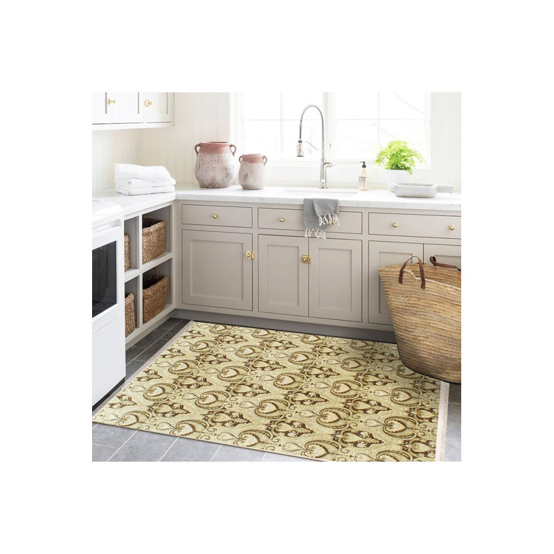 Tapis décoratif lavable à la machine à motif floral beige de la collection Barcelona