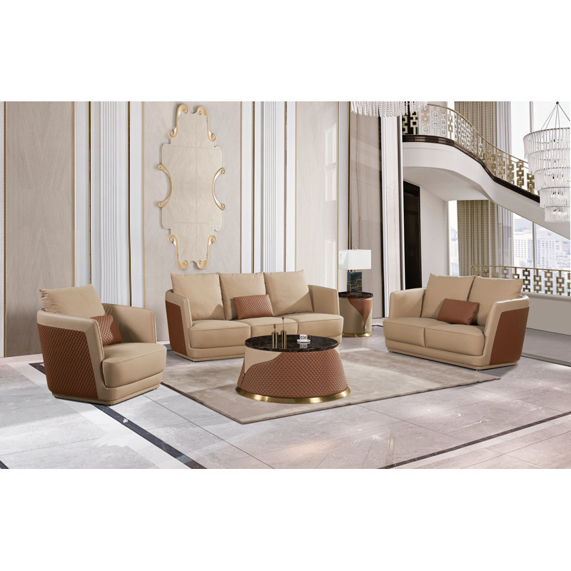 3 Pieces Glamour Sofa Set Tan-brown Italian Leather, Tan/Brown Genuine Leather