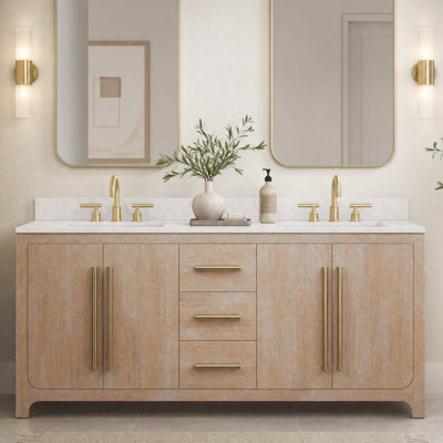 Meuble-lavabo double rectangulaire Perris de 183 cm (72 po) avec comptoir en marbre blanc de Carrare reconstitué couleur caramel latte et quincaillerie en or antique