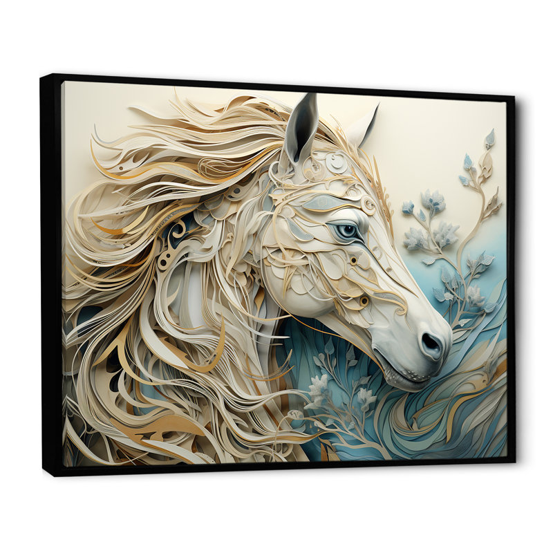 Portrait de cheval minimal bleu et blanc - impressions d'art murales de chevaux, Encadrement doré, H 30 po x l 40 po