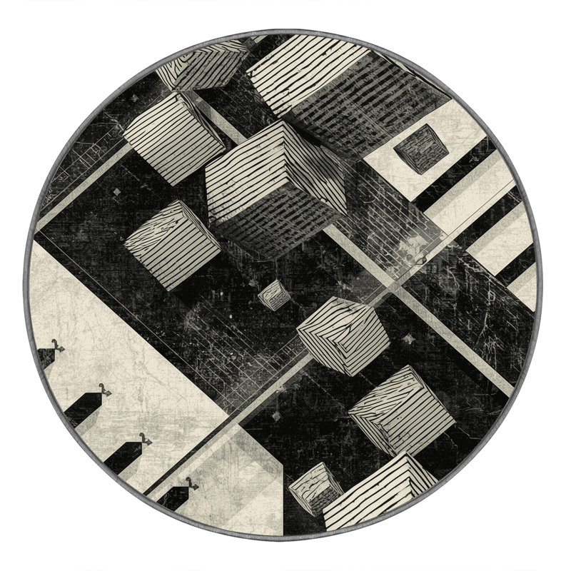 Tapis à motifs géométriques modernes lavables à la machine en brun - reliure grise, Rond 4 pi