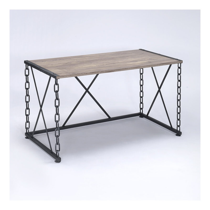 Bureau d'écriture rectangulaire rustique en chêne rustique et noir antique avec base en métal Industrial