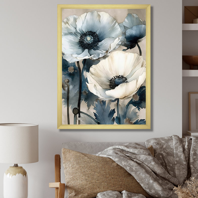 Bouquet de pavot bleu et blanc sérénade, Cadre doré simple, H 40 po x l 30 po x P 1,5 po