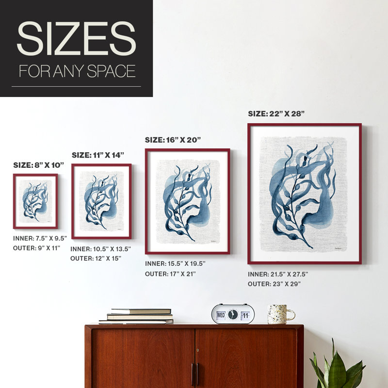 Reproduction encadrée marine en varech II - bois massif, H 15 po x l 12 po, Rouge