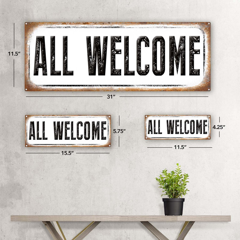«All Welcome Metal Sign» sur métal, H 5,75 po x l 15,5 po