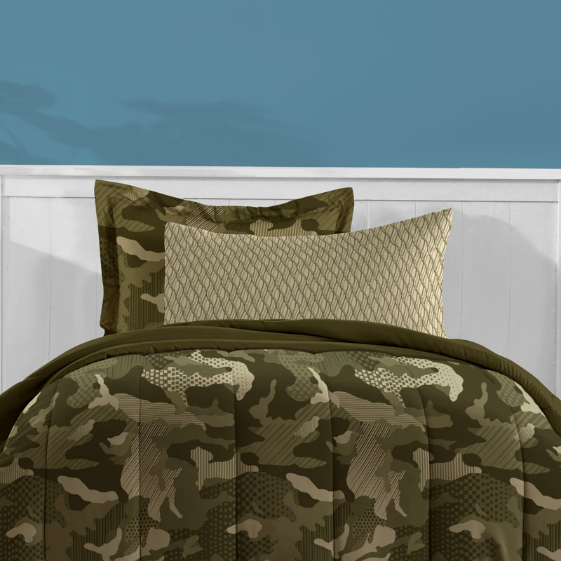 Geo Camo Camo Comforter Set, Full Comforter +2 Pillowcases+2 Sheets+2 Shams, Green/Grey