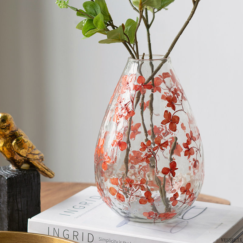 D6 "x 9,1" Vase rond en verre transparent avec motif de fleur rouge fantaisiste, élégant vase décoratif Home Decor