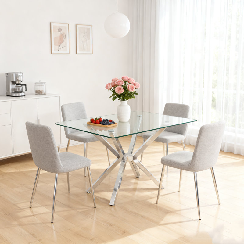Table de salle à manger rectangulaire en verre trempé transparent de 47,24 po de conception élégante avec pieds en métal argenté