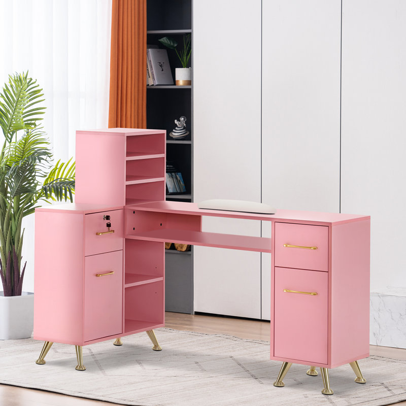 BarberPub L-Shape Nail Desk with Multiple Drawer and Storage Cabinet, Pink/Gold
