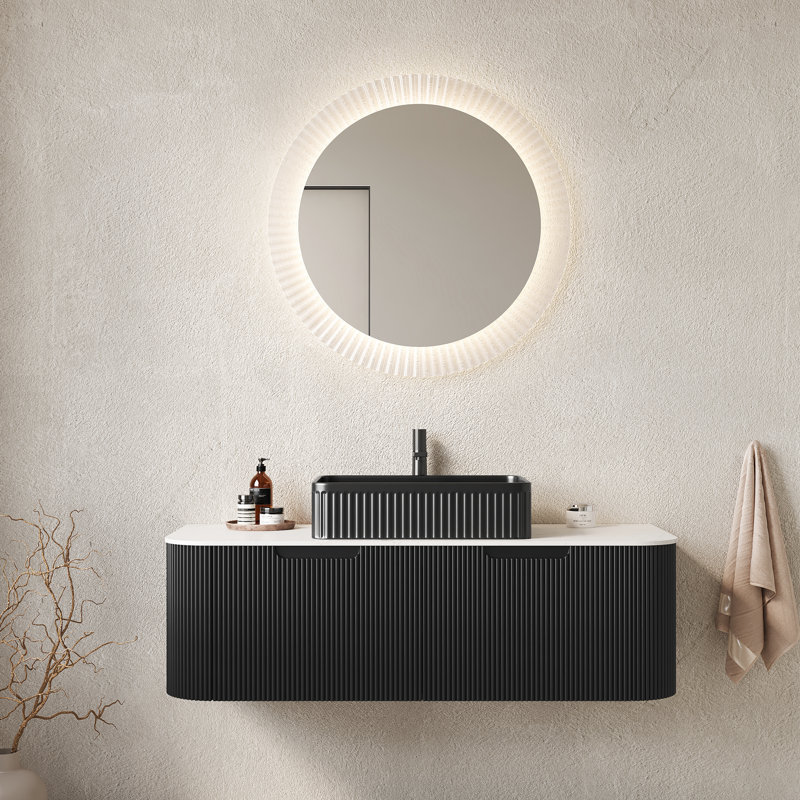Meuble-lavabo 48 po avec lavabo, lavabo en céramique noire, rangement flottant, 2 tiroirs, rayé 3D mat, système de fermeture en douceur, comptoir, pré-assemblé, système rayé facile à installer