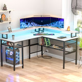 Aranson 55'' L shaped Computer Desk with Shelves, Writing Desk with Full Monitor Stand, Corner Desk with LED Lights, Gaming Desk