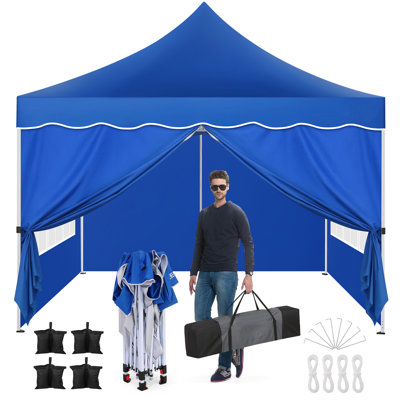 10x10 Pop Up Canopy Tent for Parties with 4 Removable Sidewalls 4 Sandbags, 4 Ropes, 4 Stakes & Wavy Edge, One Person EZ Setup