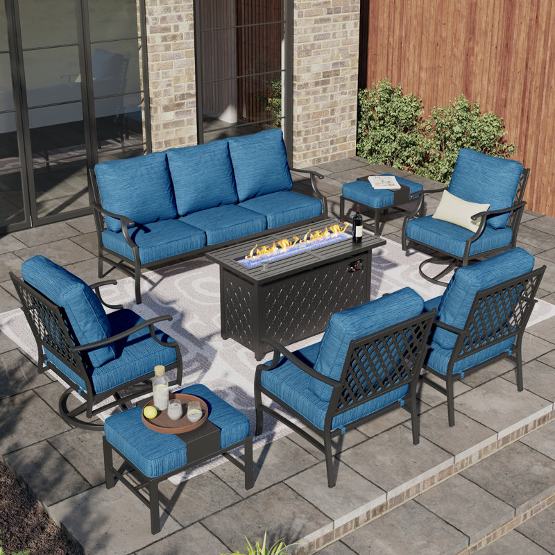 Akadian 9-Person Wicker Patio Conversation Set with Swivel Chairs, Cushion Pro Peacock Blue Performance, Yes