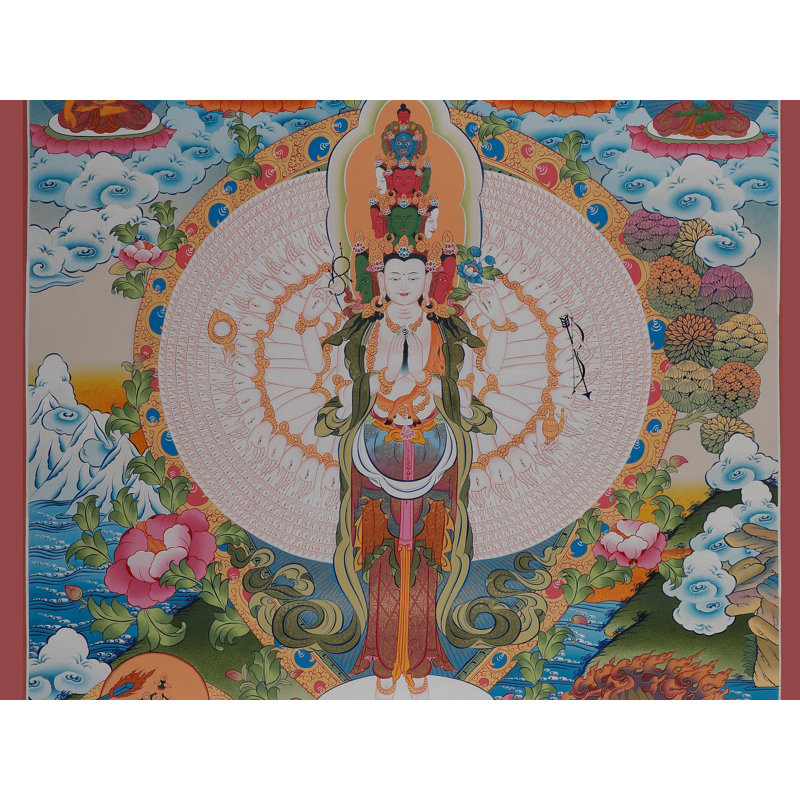 «Amoghpasha Lokeshvara» (Lasso infaillible), art mural 24 po bouddhiste tibétain peint à la main Avalokiteshvara Thangka, sans brocart, or pur 24 carats avec acrylique, 39 x 27,2 po