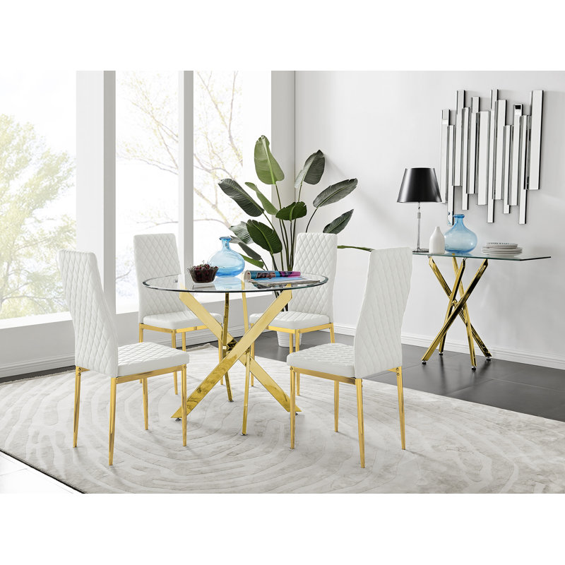 Eubanks 4-Person Round Dining Set, White/Gold, Gold