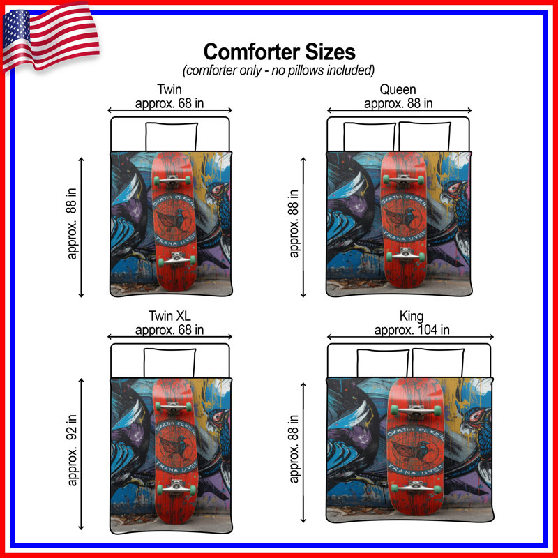Colorful Bird Skateboard Comforter, Twin