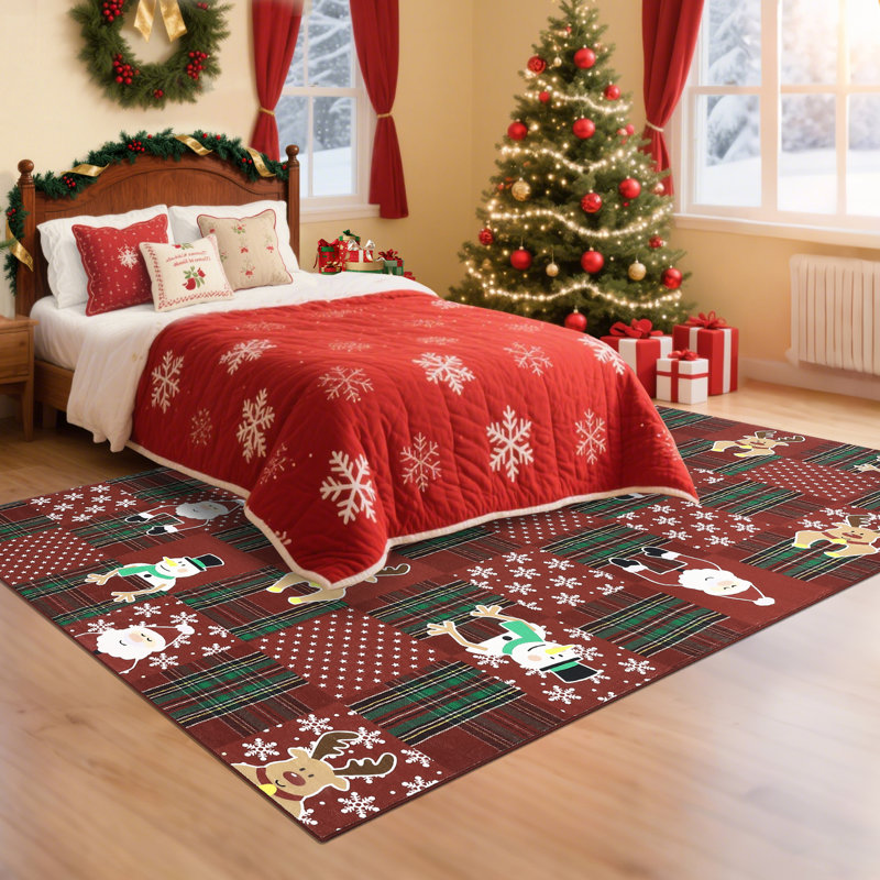 Christmas Living Room Area Rug, Cute Soft Santa Deer Snow Rugs for Nursery Bedroom Large Non Slip Foldable Lightweight Winter Holiday Carpet for Dining Room Playroom