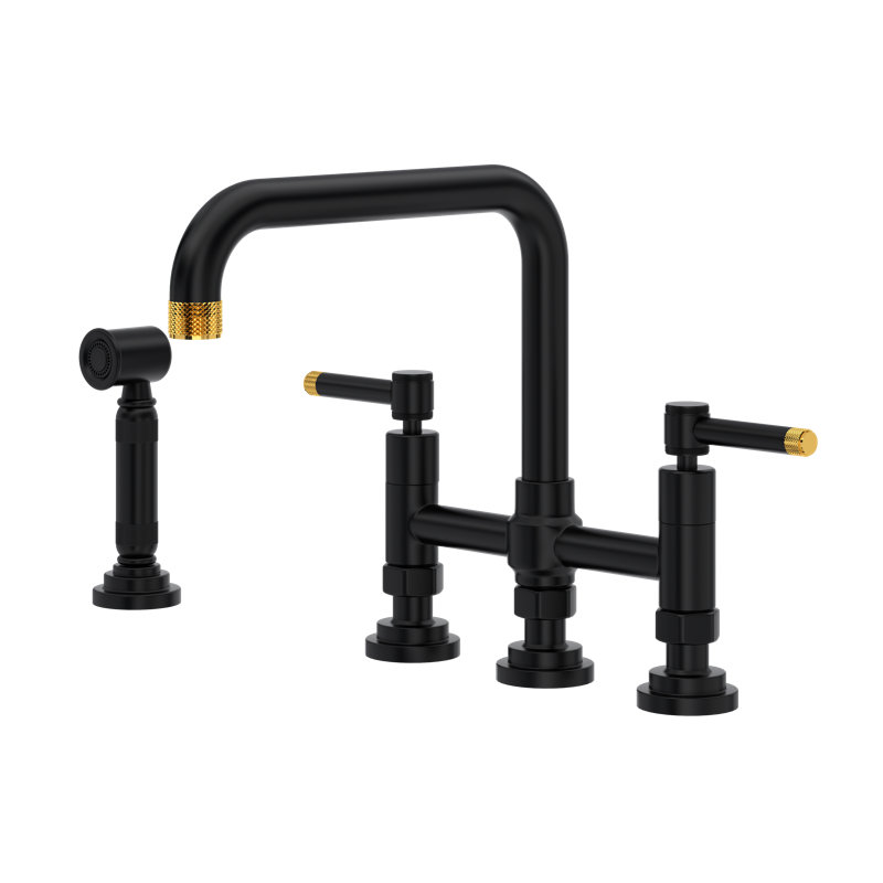 Campo Bridge Kitchen Faucet With Side Spray, Lever Handle, Matte Black/Unlacquered Brass