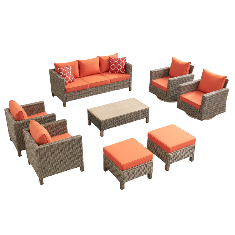 8 Piece Patio Outdoor Conversation Set With Swivel Chairs, Orange