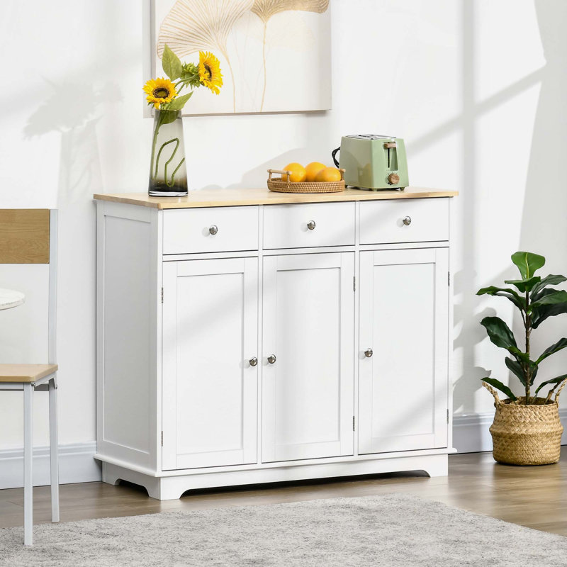 Farmhouse Cabinet with 3 Drawers, Doors and Adjustable, White/Natural