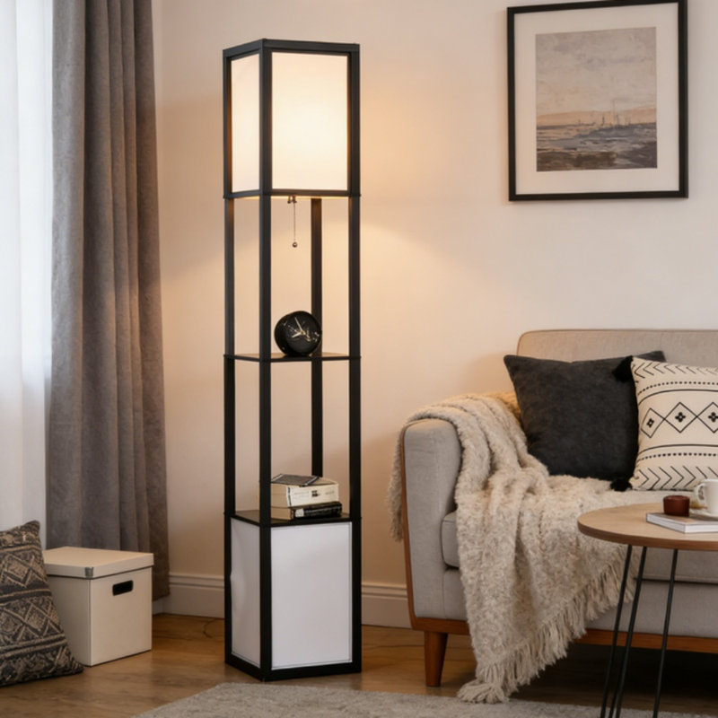 Lampadaire étagère, lampe sur pied noire avec double abat-jour en tissu et étagères de rangement à 2 niveaux, lampadaire à double éclairage avec interrupteur au pied pour la décoration du salon, de la chambre et de l'entrée