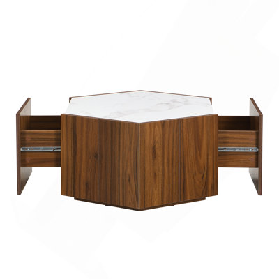 Hexagonal Rustic Coffee Table with Marble Top & Hidden Drawers