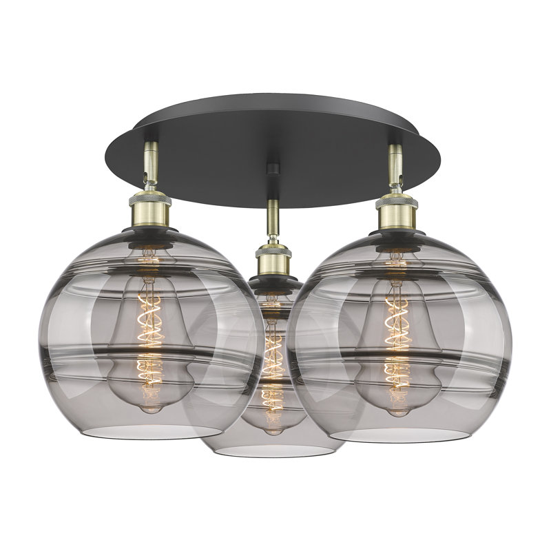 Plafonnier semi-encastré Glassoff, Gris fumée clair, H 12,63 po x l 21,75 po x P 21,75 po, Laiton antique noir