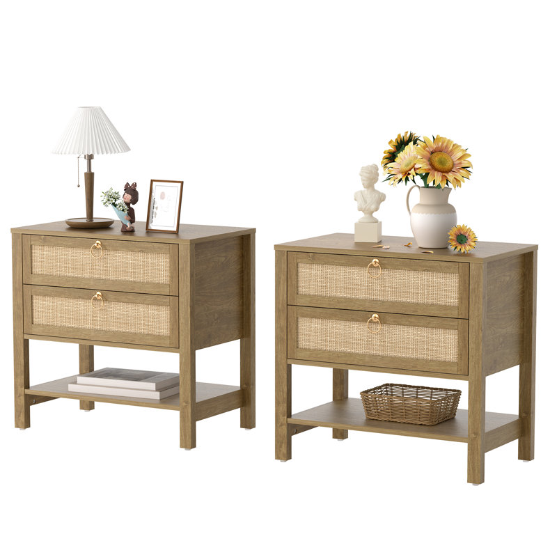 Pomodoro Rattan Nightstand With 2-Drawer And 1 Open Shelf, Cherry, Set of 2