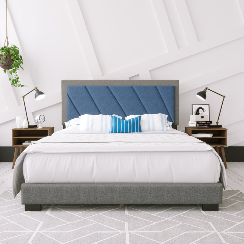 Savona Diagonal Upholstered Faux Leather or Linen Platform Bed, Adjustable Height Headboard, Heavy Duty Slat 4 Slat Support- Requires Box Spring